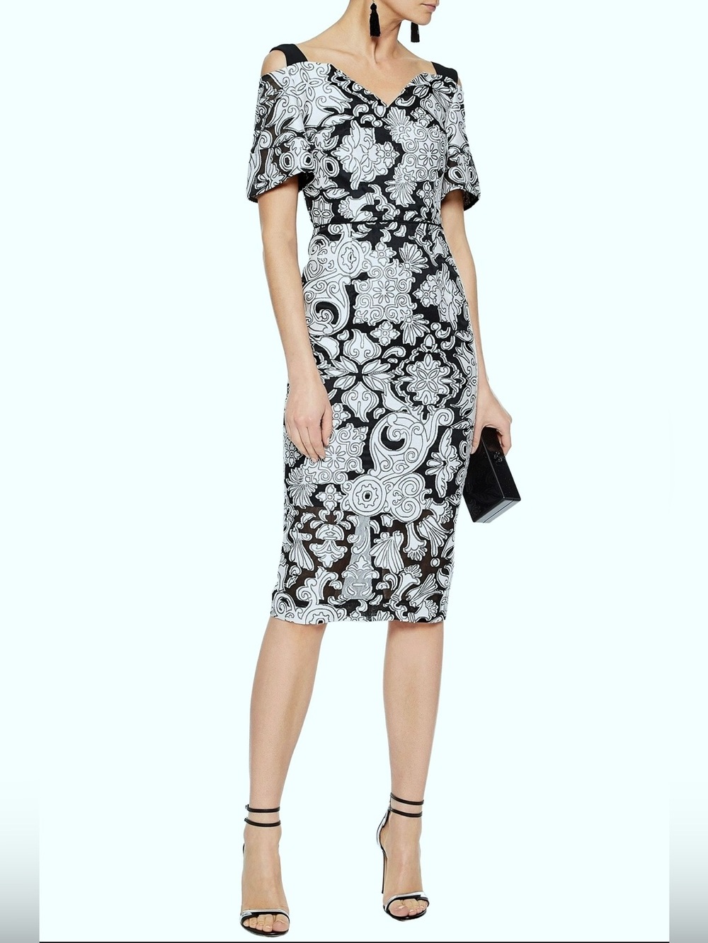 ROLAND MOURET DRESSY DRESS BLACK W/WHITE PRINT SIZE IT52/14US